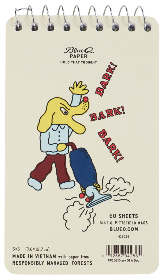 Back view of the notepad featuring a cartoon dog barking whilst vacuuming.