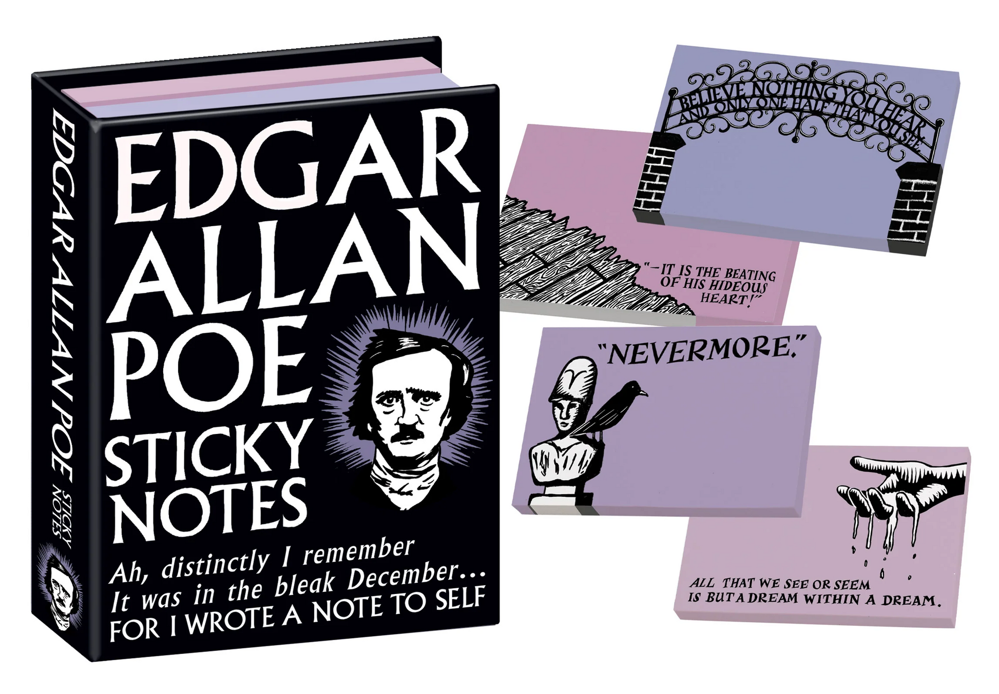 Edgar Allan Poe sticky notes set with quote cards on a white background