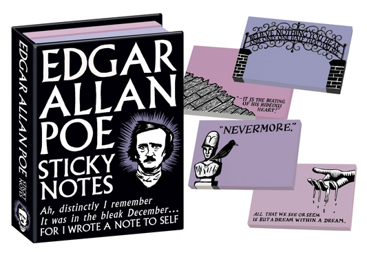 Edgar Allan Poe sticky notes set with quote cards on a white background