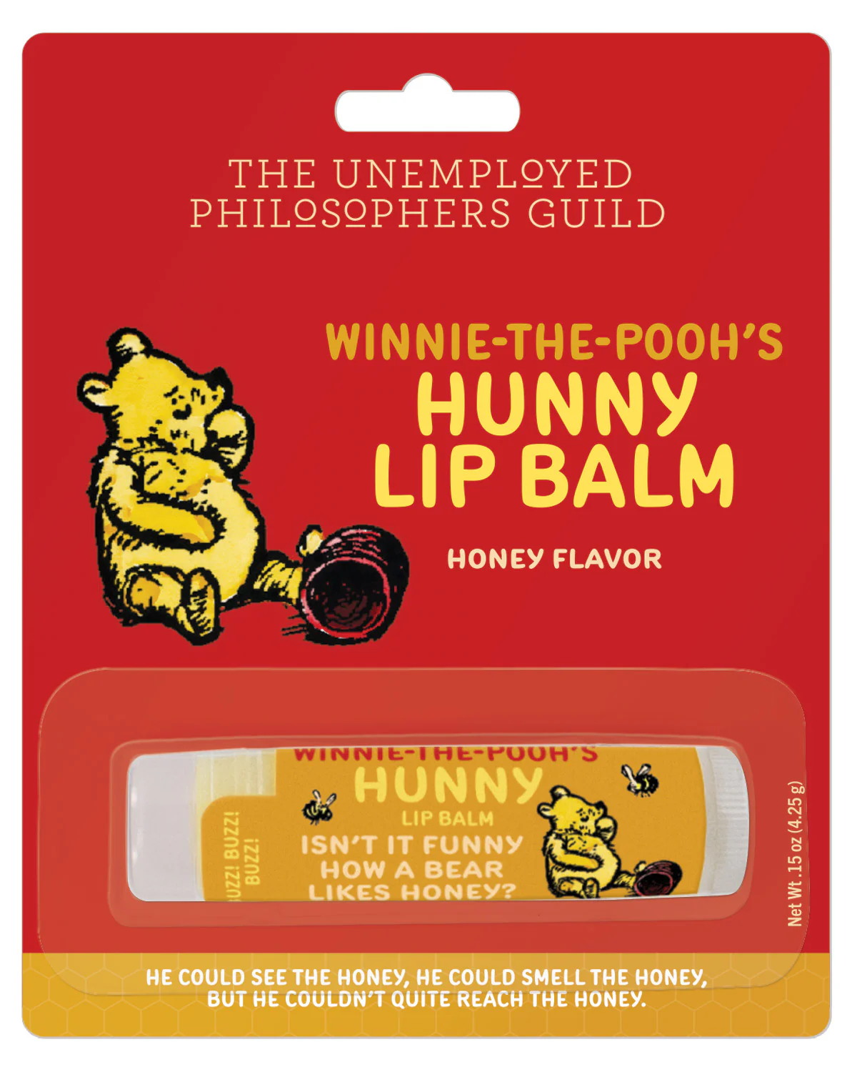 Winnie-the-Pooh lip balm packaging with red background and yellow text