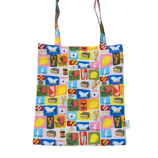 Colorful tote bag with Australian icons  patterned design on a white background
