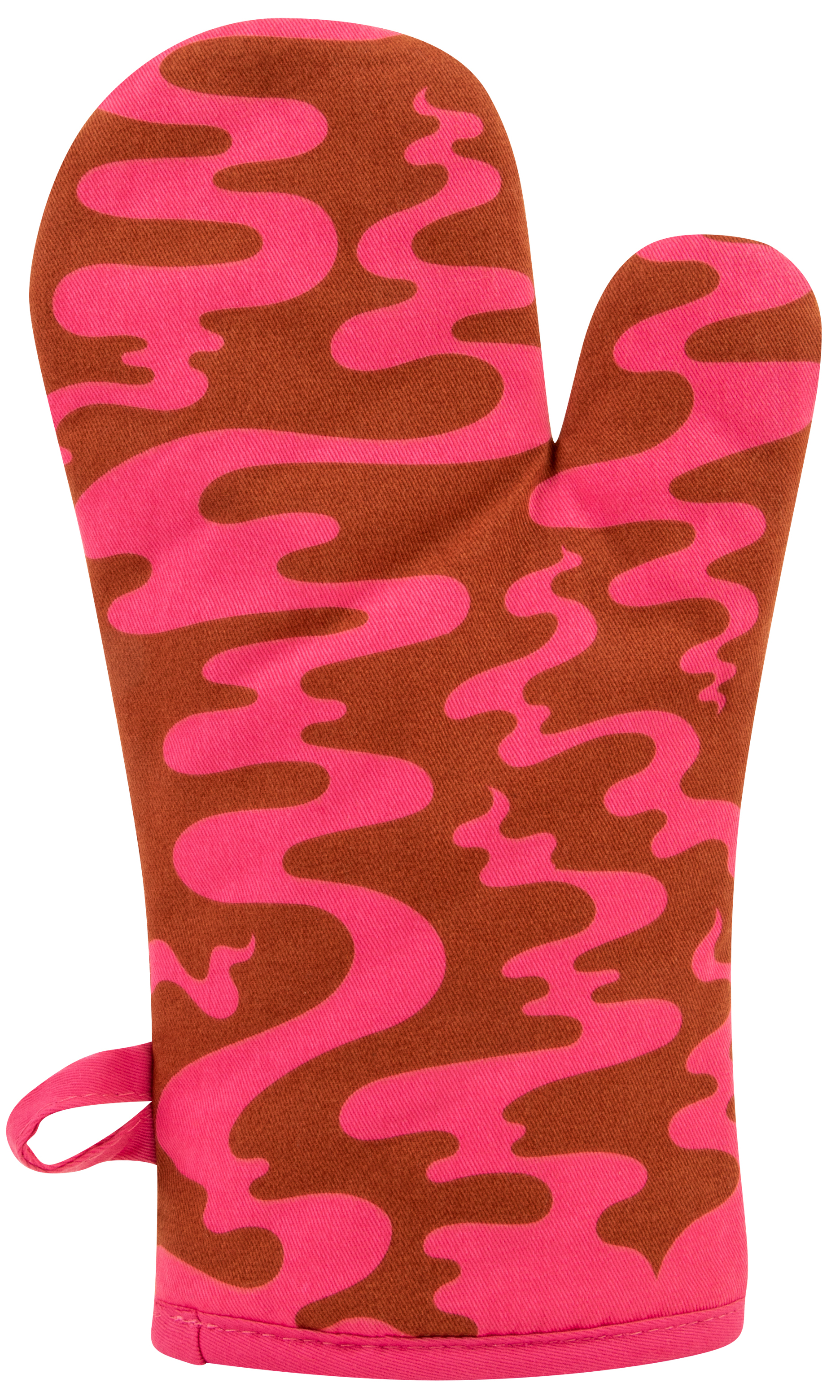 Oven mitt with pink and brown wavy pattern on a white background