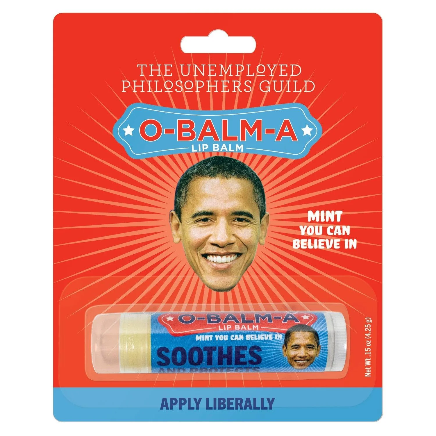 A red package with an image of President Obama, and a lip balm that reads: O-Balma-A