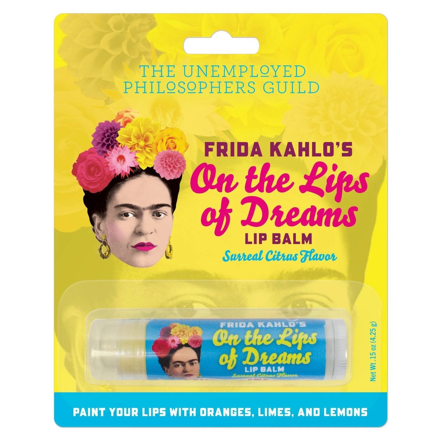 A yellow package containing a lip balm based on Frida Kahlo. Text reads: On the lips of dreams.