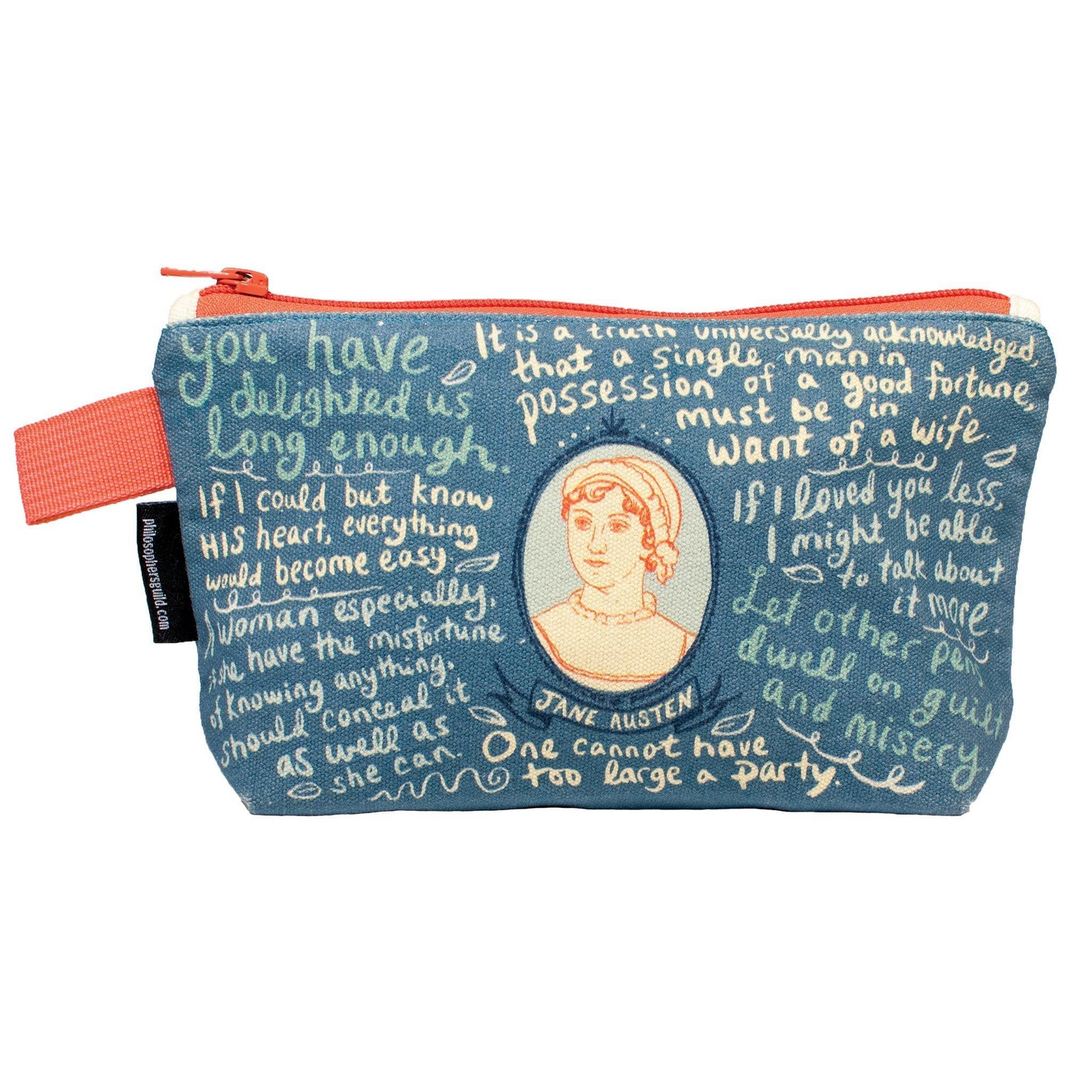 Blue pouch with Jane Austen quote and portrait on a white background