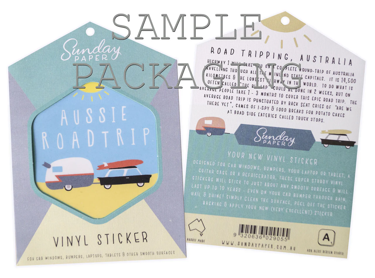 Vinyl sticker packaging with 'Aussie Roadtrip' design and text on a white background. Melbourne theme only available in this packaging.