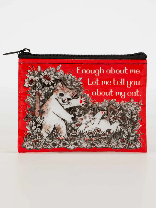 Red pouch with cat illustration and text on a white background