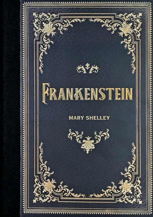 Decorative book cover of 'Frankenstein' by Mary Shelley with gold text and patterns on a dark blue background.