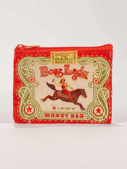 Vintage-style money bag with decorative design and text on a white background