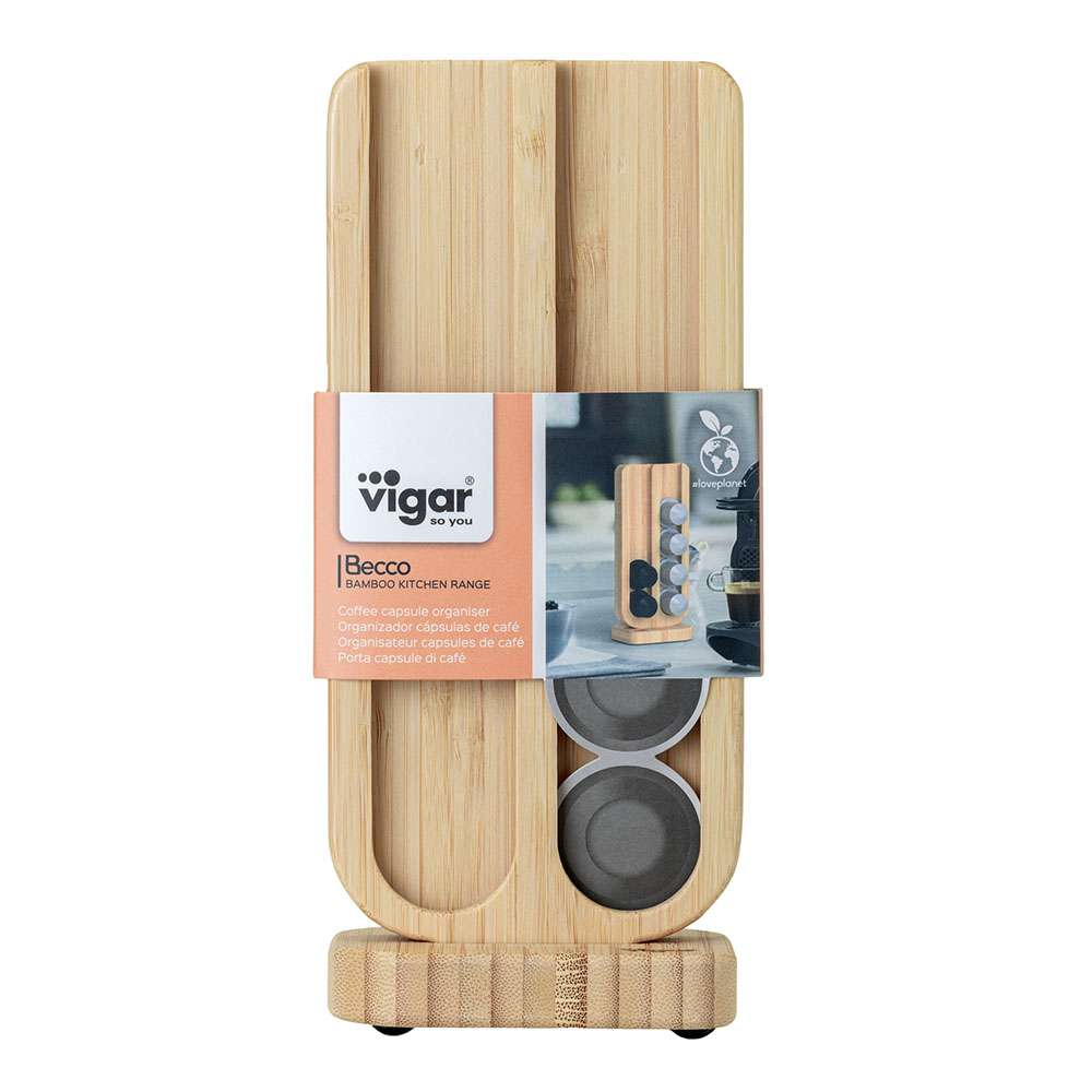 Bamboo coffee pod storage with packaging displaying the Vigar brand on a white background