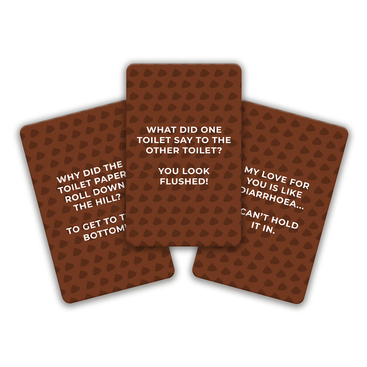 Three brown joke cards with humorous text on a white background