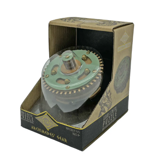 Gear puzzle in a cardboard box packaging on a white background