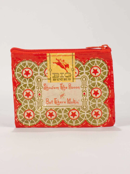 Red and green patterned coin purse with text and logo on a white background