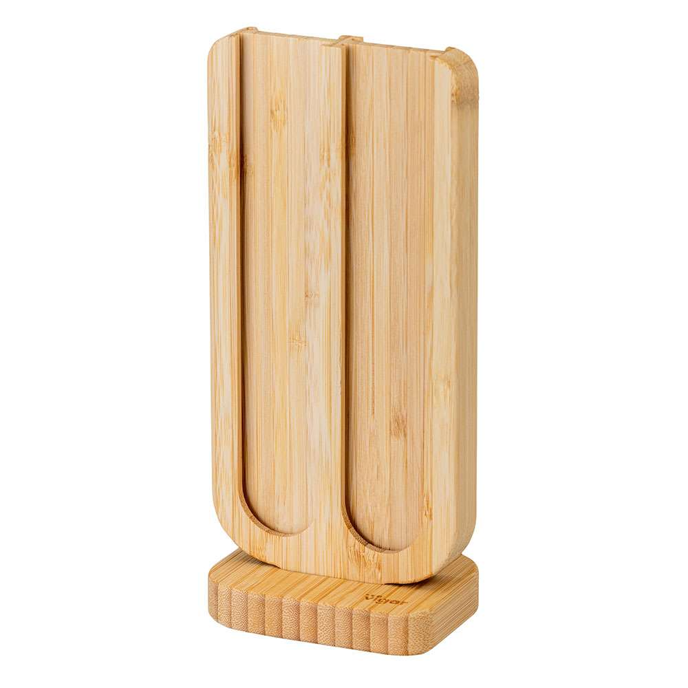 Bamboo coffee pod storage with multiple slots on a white background