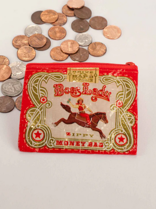 Red and gold vintage-style money bag with 'Bessie's Lady' branding, surrounded by coins on a white background.