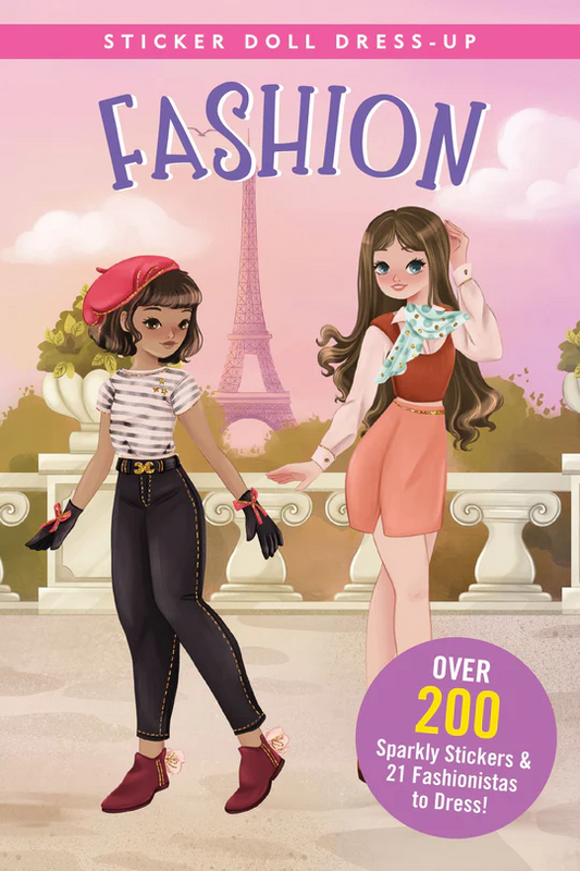 Sticker book cover with two fashion dolls and the Eiffel Tower in the background