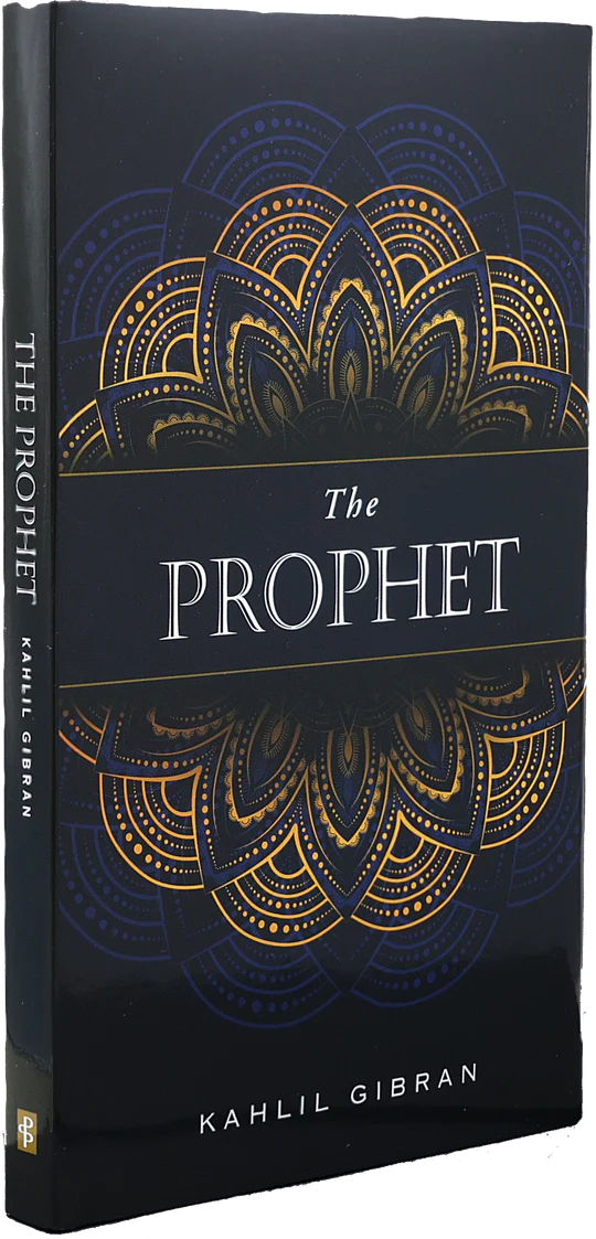 Book cover of 'The Prophet' by Kahlil Gibran with decorative gold patterns on a black background