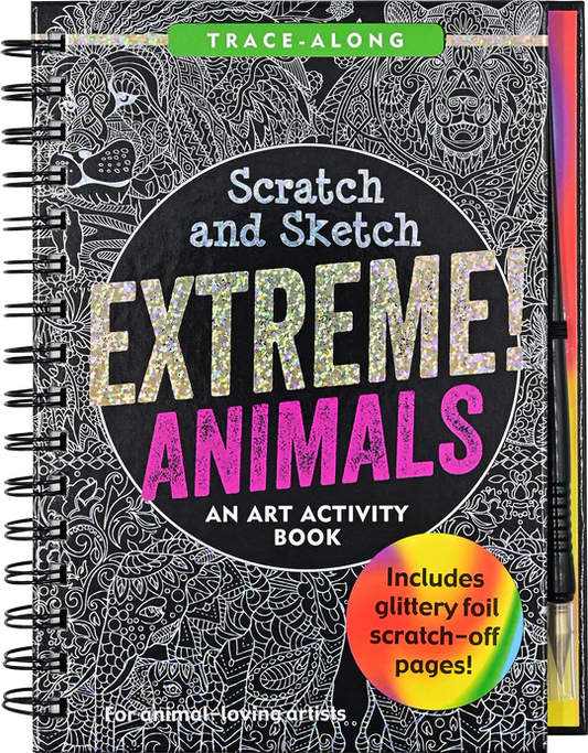 Art activity book titled 'Scratch and Sketch Extreme Animals' with a pen on a white background