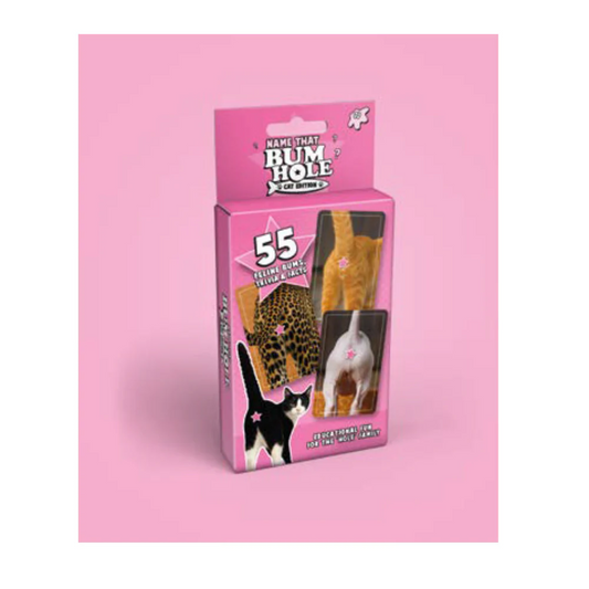 Product packaging with images of cat backsides on a pink background