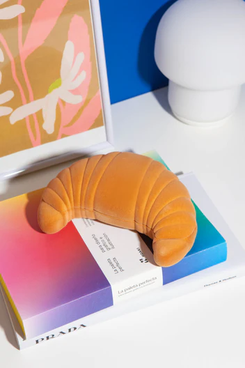 Decorative croissant-shaped case on a colorful book with abstract art in the background