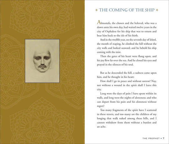 Book page with text and a portrait on a gold and white background