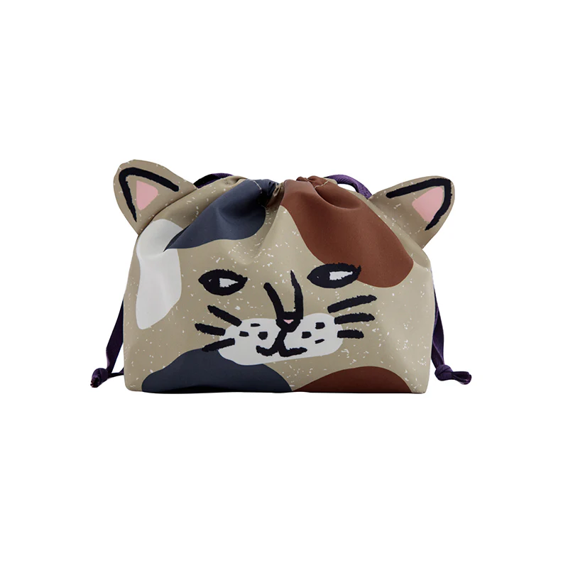 Cat-shaped drawstring bag with a beige, brown, and black design on a white background