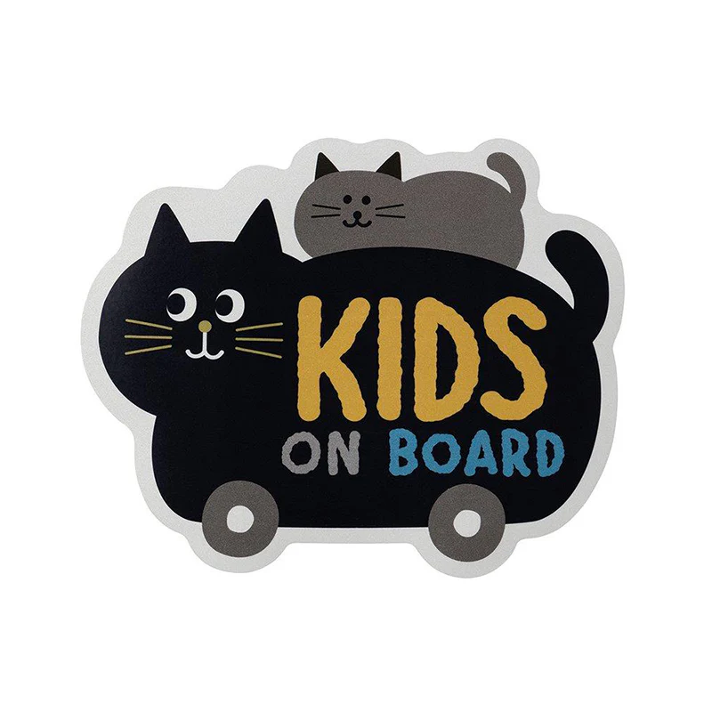 Sticker with two cats inside a car shape and 'KIDS ON BOARD' text on a white background