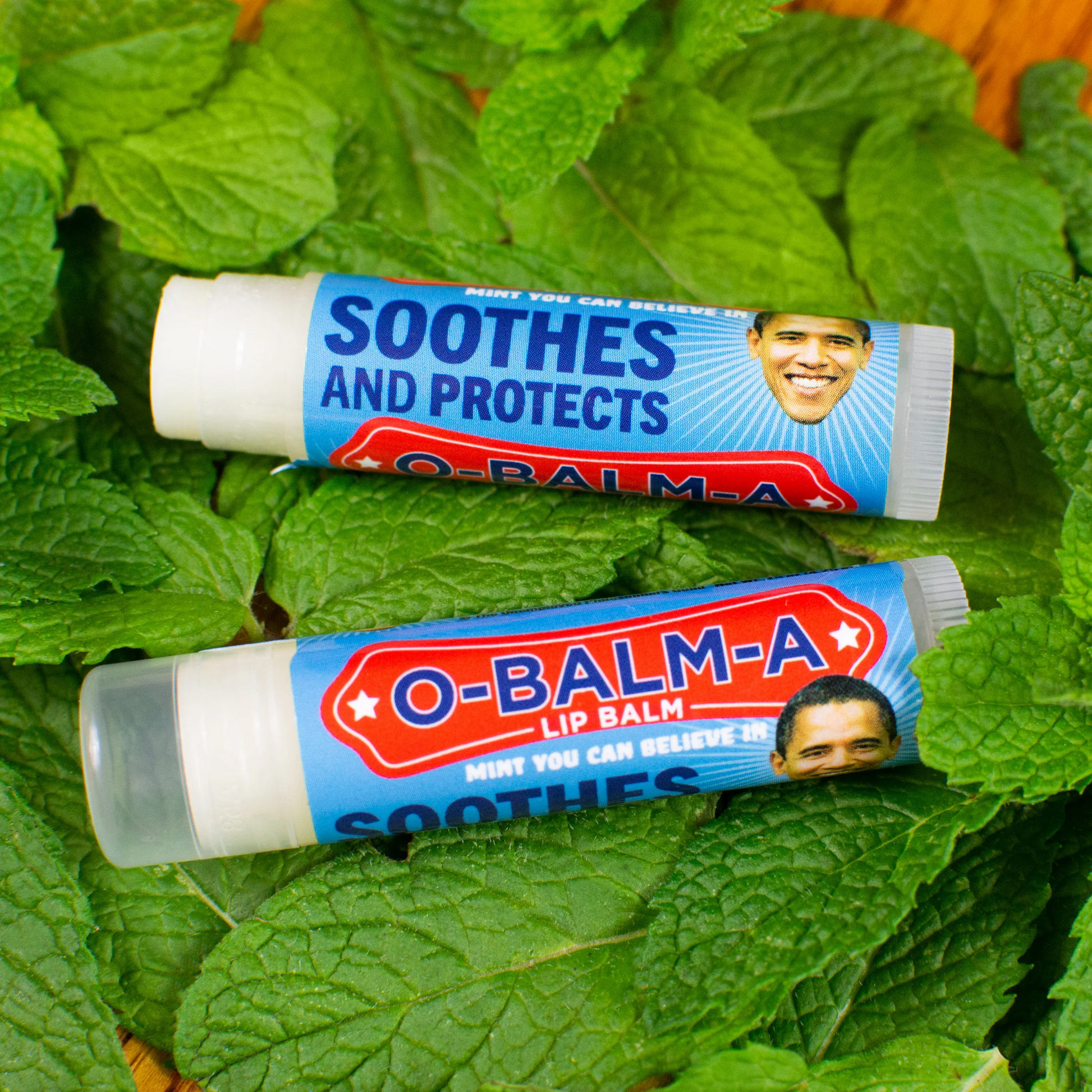 A background of peppermint and two ials of O-Balma lip balms