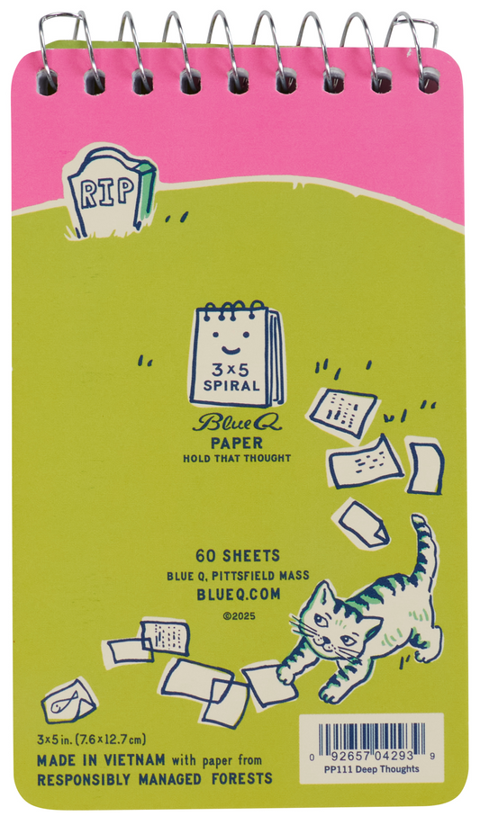 Back cover of a cartoon cat ripping up the pages of the notebook.