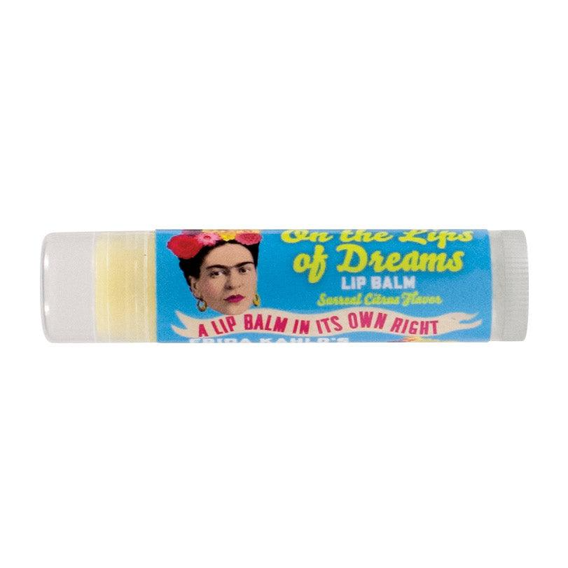 A Frida Kahlo lip balm on a white background.
