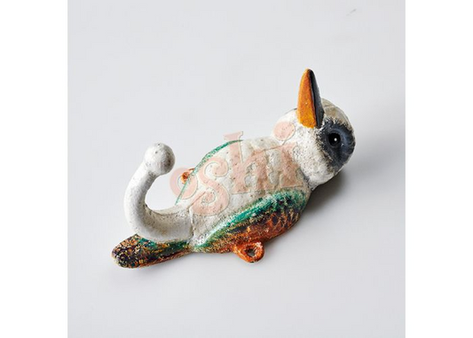 Kookaburra wall hook with a colorful design on a light gray background