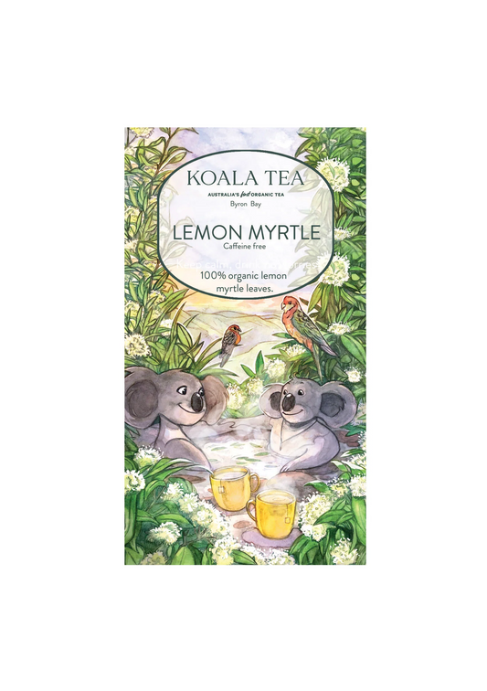 Koala Tea Lemon Myrtle packaging with koalas and lemon myrtle leaves on a white background