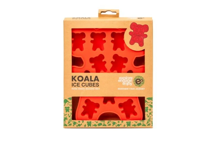 Red Koala ice cube tray in a cardboard box on a white background