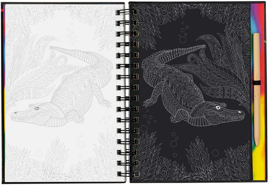 Coloring book with a crocodile design on a white page and black background