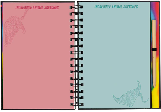 Open notebook showing animal sketches on pink and blue pages.