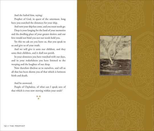 Book page with text and a small illustration on a gold patterned background