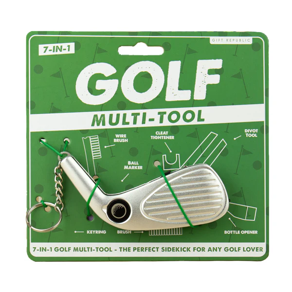 Golf multi-tool on green packaging with golf-themed graphics