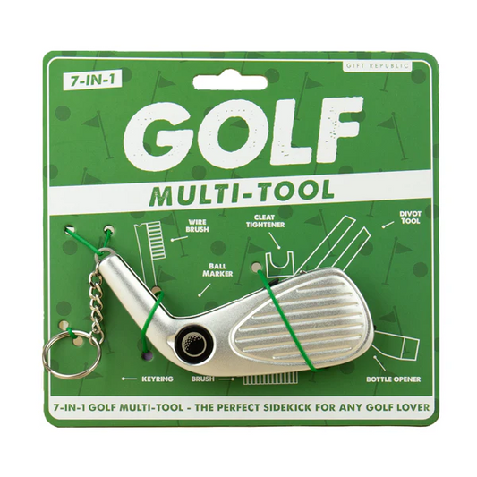 Golf multi-tool on green packaging with golf-themed graphics