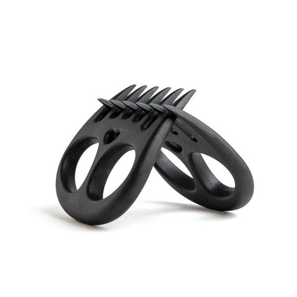 A set of black meat muncher shredders against a white background.