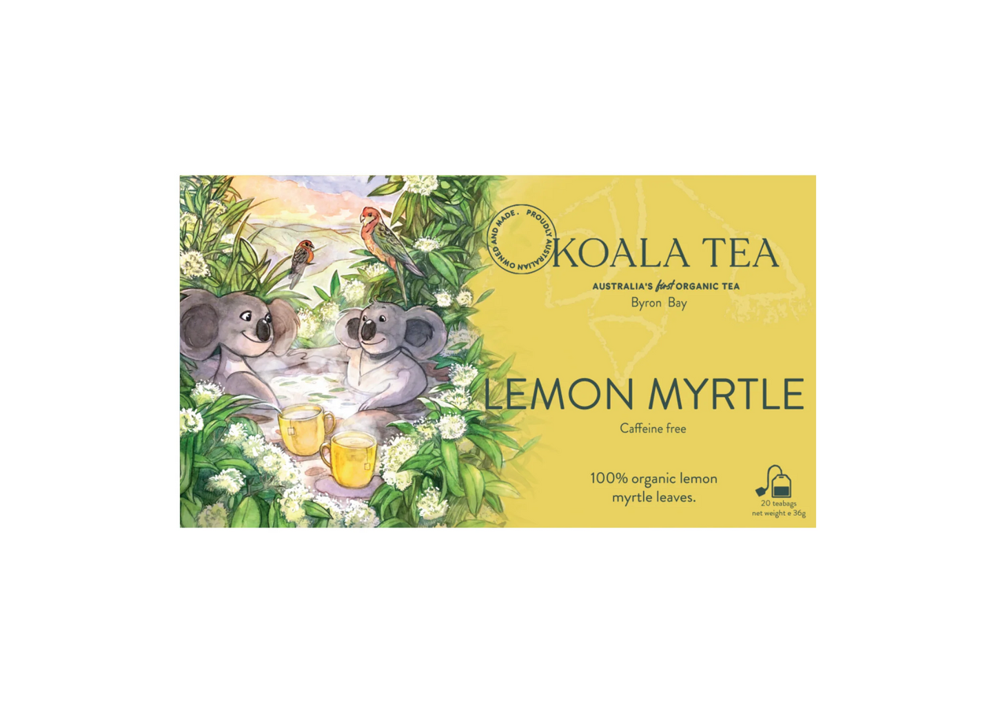 koala Tea Lemon Myrtle packaging with koalas and lemon myrtle leaves on a white background