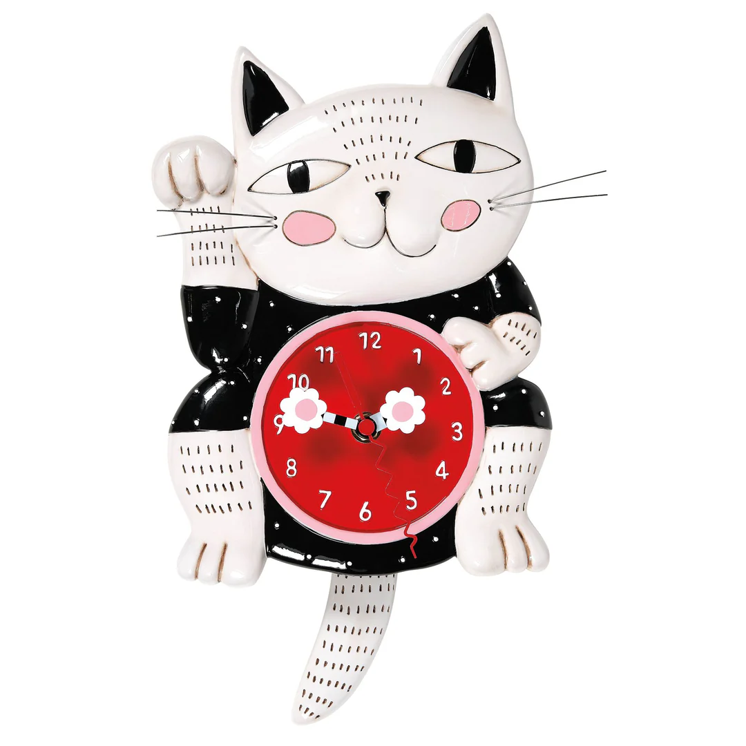 Cat-shaped wall clock with a red face and pendulum tail on a white background