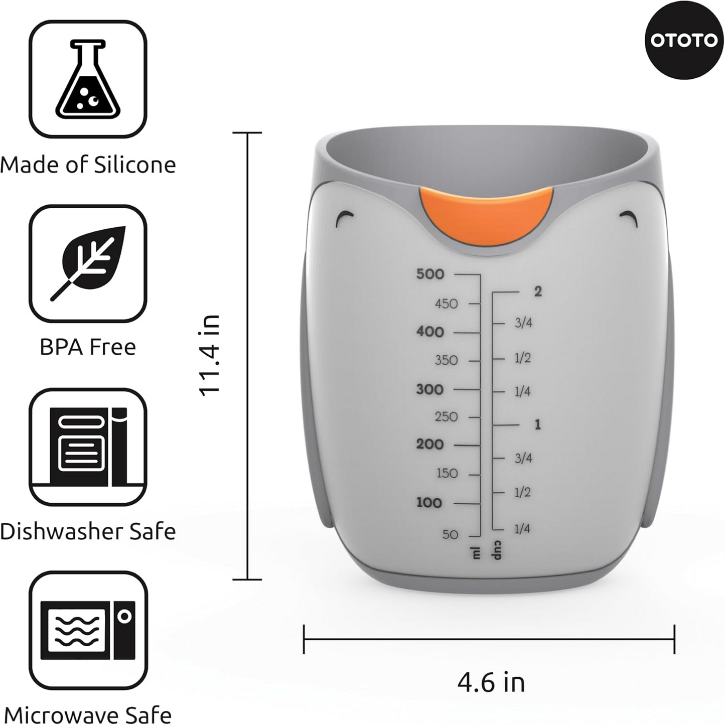 Penguin shaped silicone measuring cup, measurements and instructions.