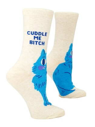 Beige socks with blue cat design and text 'CUDDLE ME BITCH' on a white background