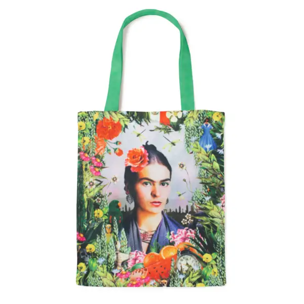 Tote bag with Frida Kahlo design featuring flowers and green handle on a white background