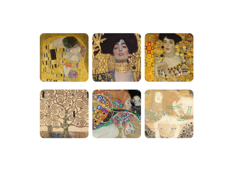 Set of six coasters with Klimt artwork on a white background