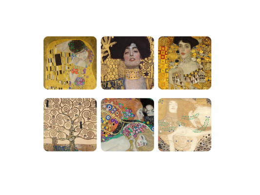 Set of six coasters with Klimt artwork on a white background