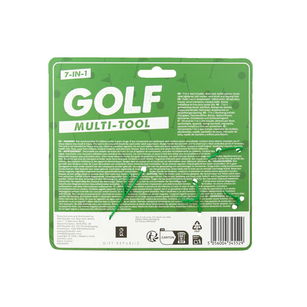 Green packaging of a golf multi-tool with text and illustrations on a white background