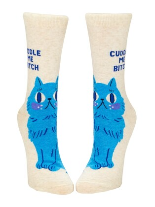 Pair of socks with blue cat design and text on a white background