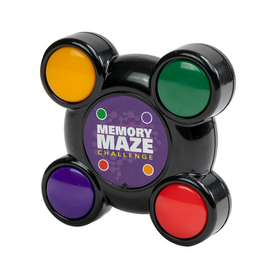 Colorful memory maze challenge toy with colored buttons on a white background