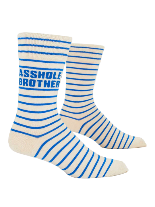 Pair of socks with blue and white stripes and 'Asshole Brother' text on a white background